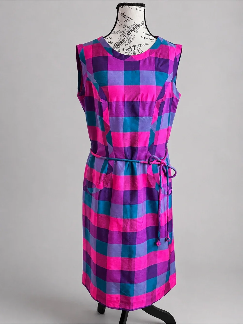 Vintage 60s Johnson Dong Hong Kong Vibrant Mod Secretary Geek Plaid Belted Dress